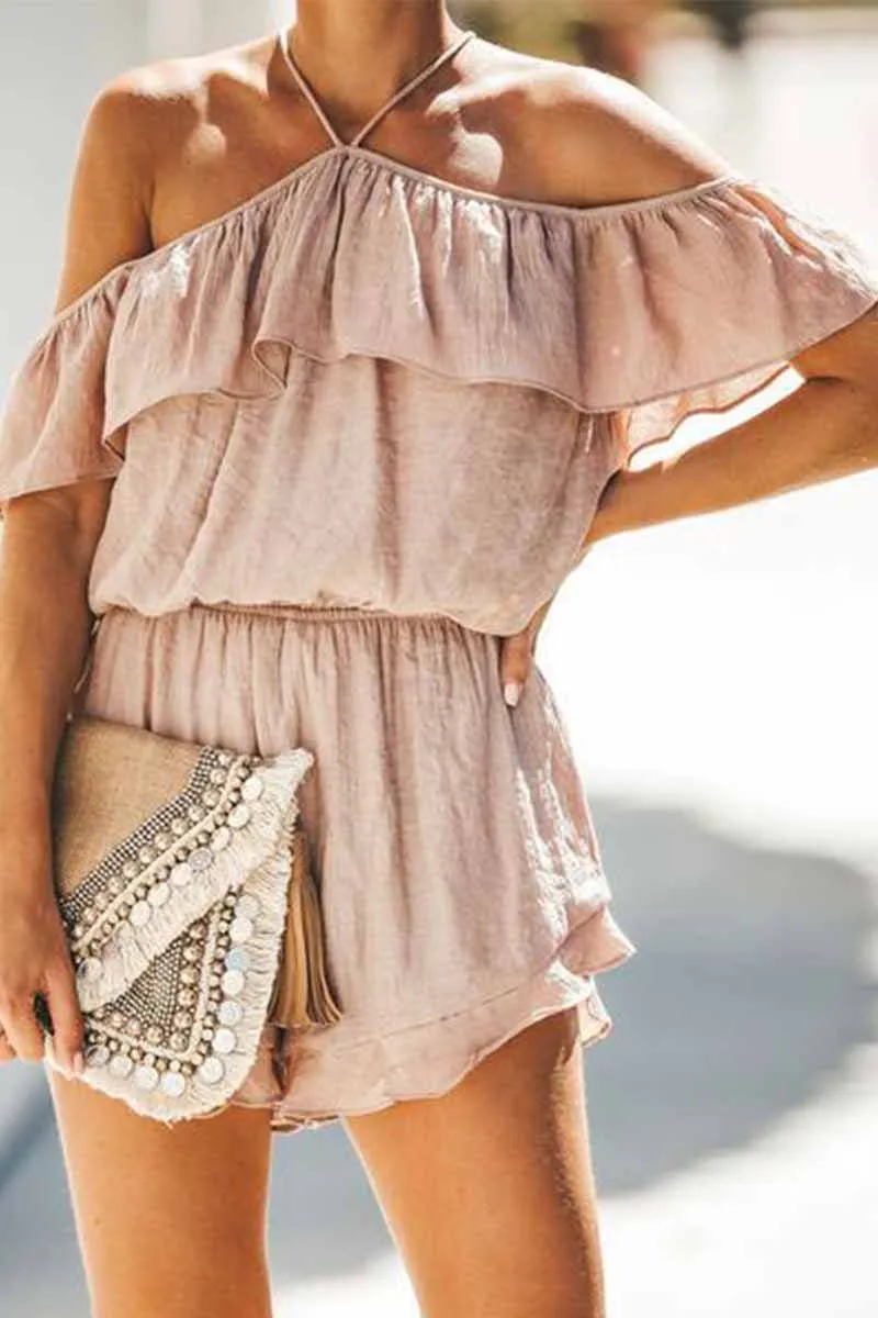 Solid Color Slub Cotton Sling Ruffled Backless Jumpsuit