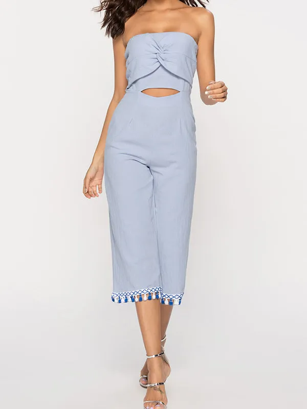 Solid Color Tassel Stitching Sexy Tube Top Jumpsuit