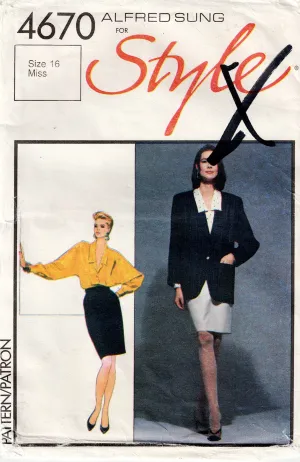 Style 4670 ALFRED SUNG Womens Dolman Sleeved Skirt Suit & Blouse 1980s Vintage Sewing Pattern Size 16 Bust 38 inches UNCUT Factory Folded