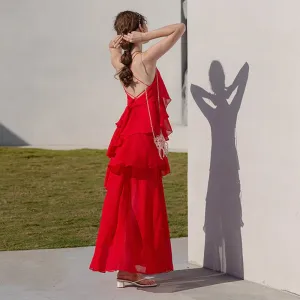 Summer suspender cake dress open back beach red dress
