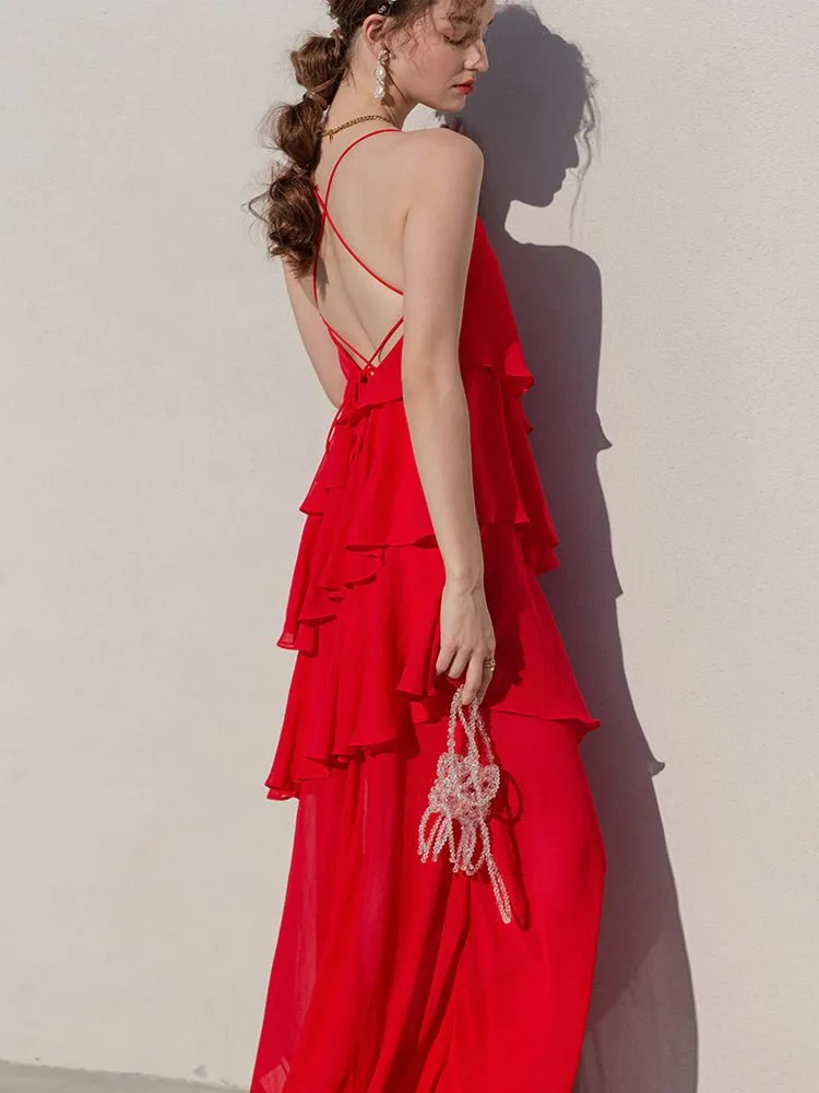 Summer suspender cake dress open back beach red dress