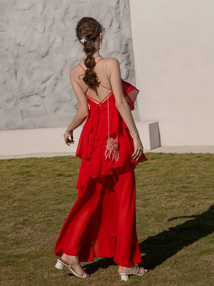 Summer suspender cake dress open back beach red dress