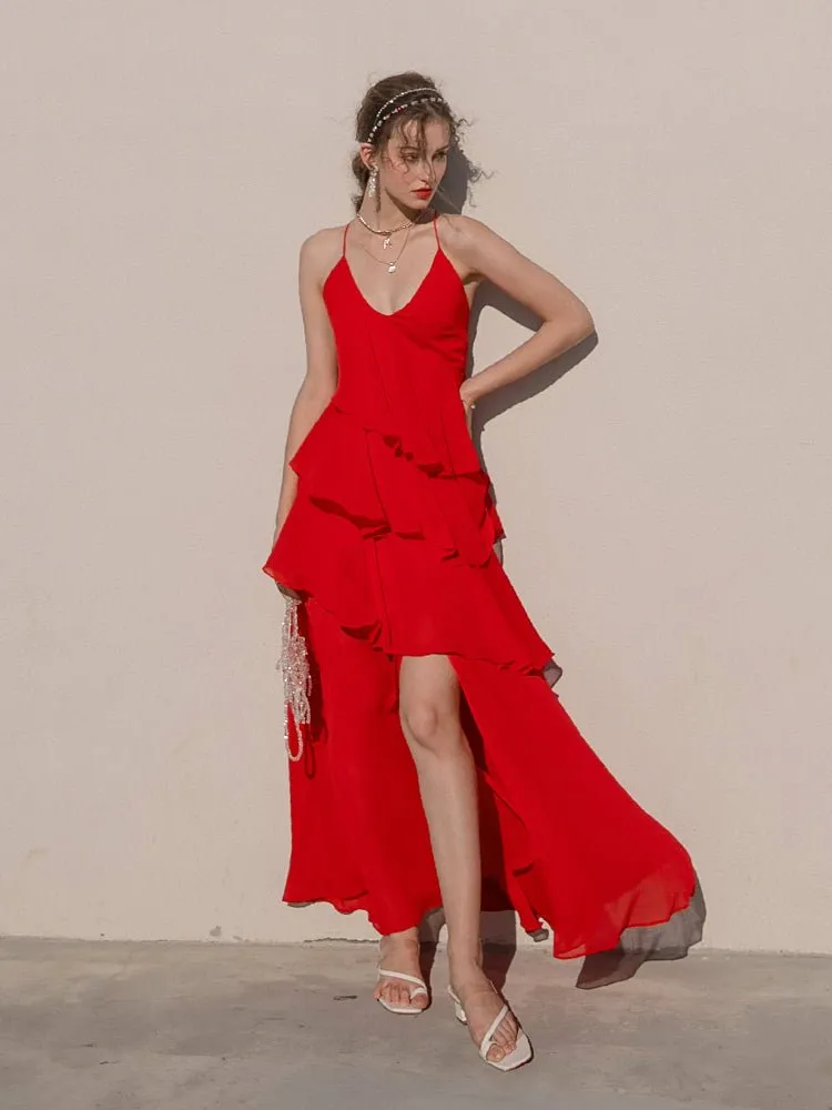 Summer suspender cake dress open back beach red dress