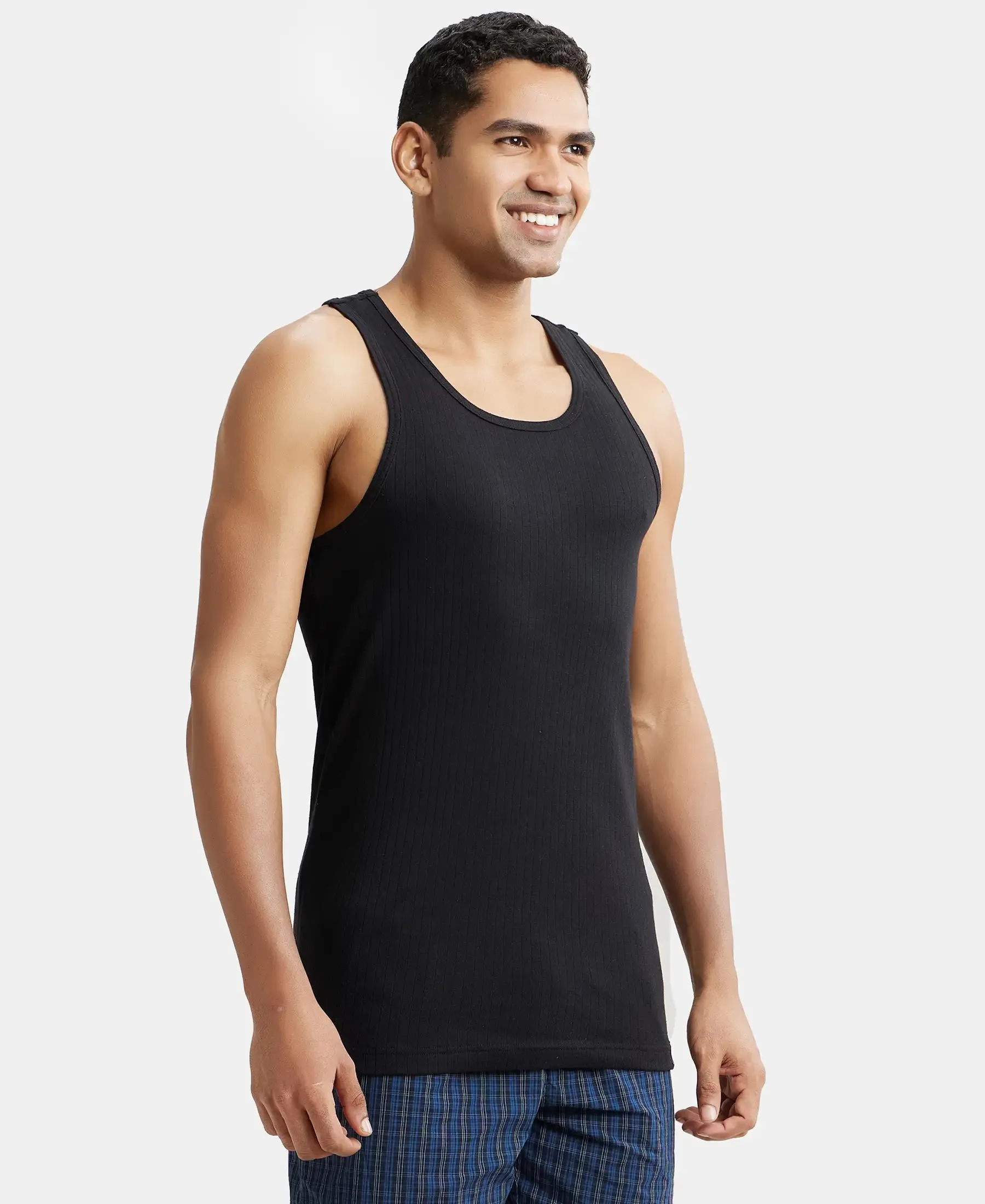Super Combed Cotton Rib Round Neck with Racerback Gym Vest - Black