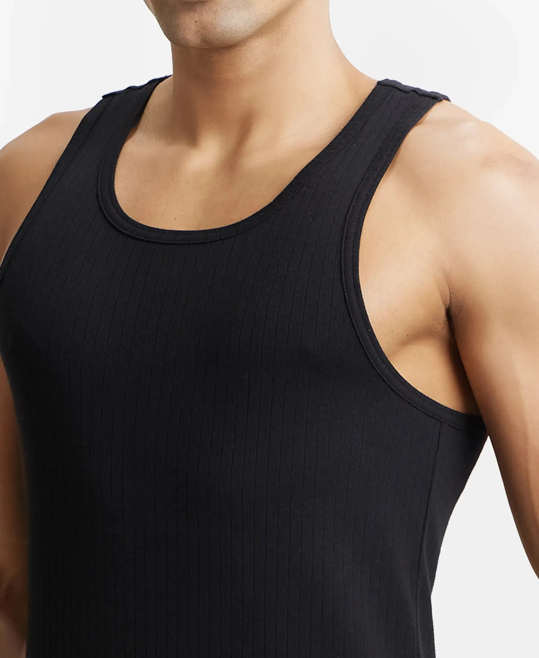 Super Combed Cotton Rib Round Neck with Racerback Gym Vest - Black