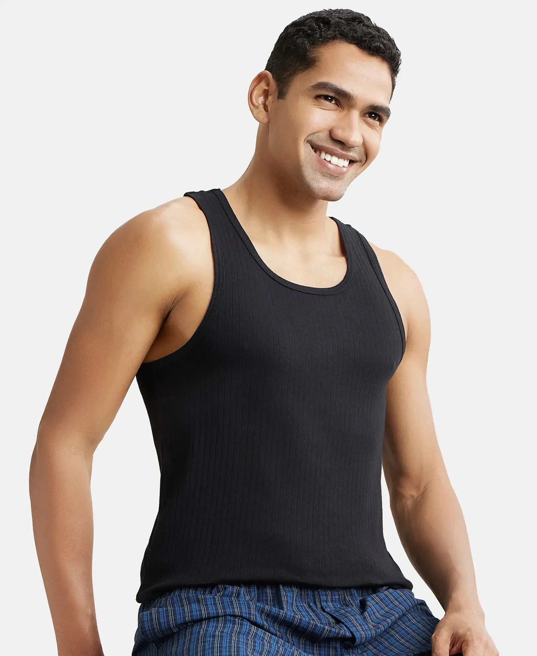Super Combed Cotton Rib Round Neck with Racerback Gym Vest - Black