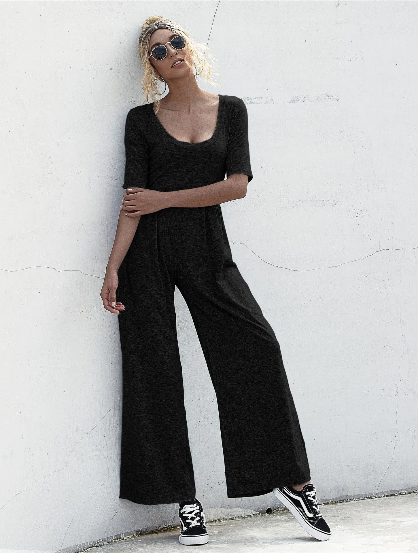 U-neck Short-sleeved Loungewear Wide-legged Jumpsuits