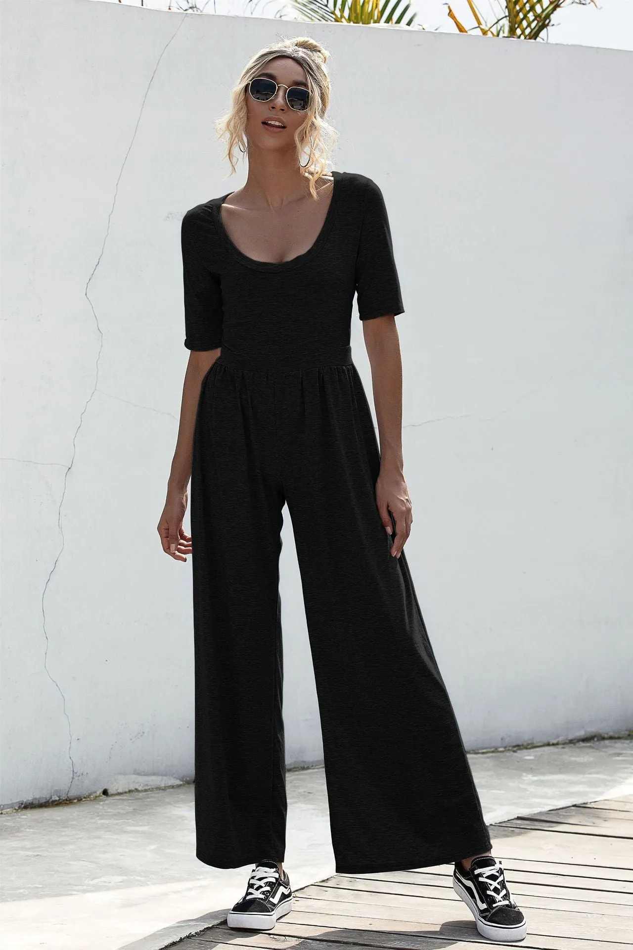 U-neck Short-sleeved Loungewear Wide-legged Jumpsuits