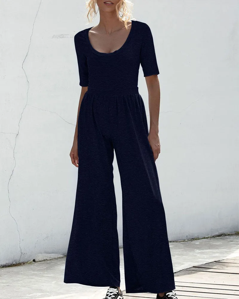 U-neck Short-sleeved Loungewear Wide-legged Jumpsuits