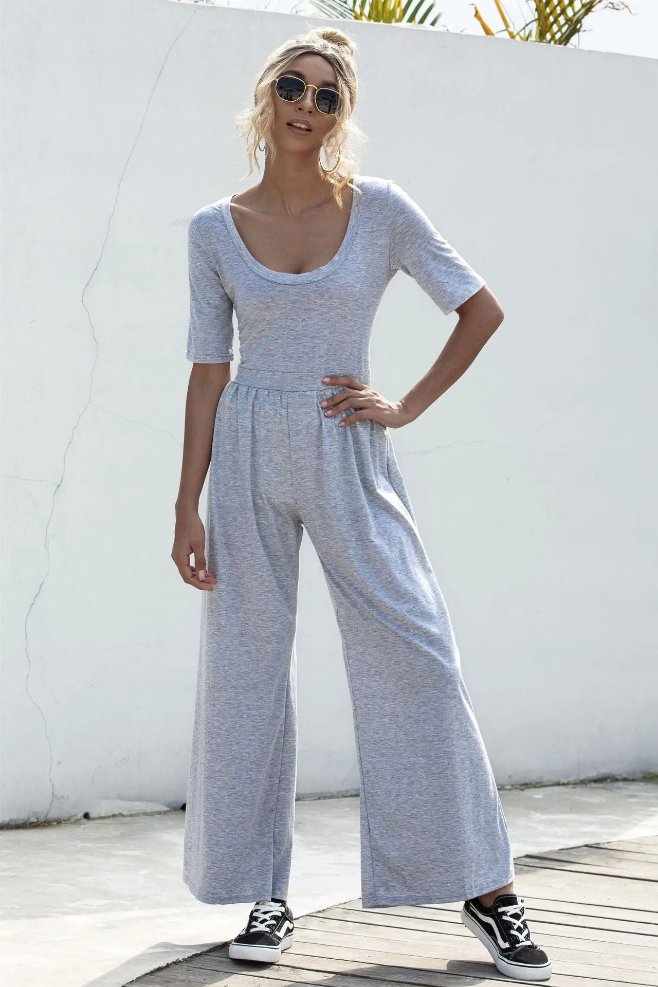 U-neck Short-sleeved Loungewear Wide-legged Jumpsuits