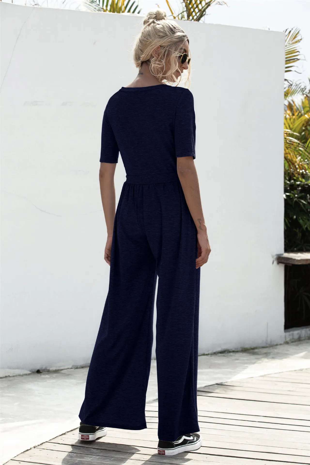 U-neck Short-sleeved Loungewear Wide-legged Jumpsuits