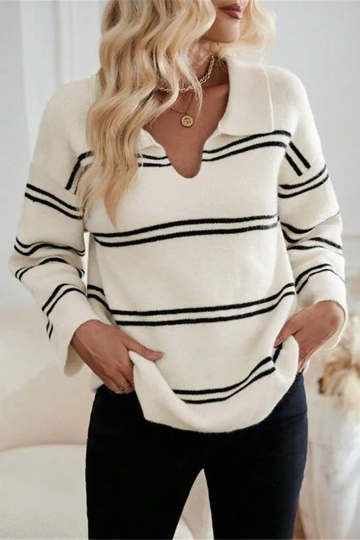V-neck Striped Pullover Polo Shirt Sweater