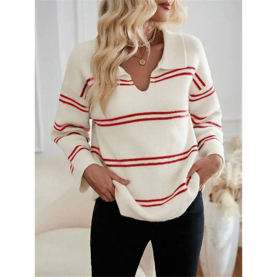 V-neck Striped Pullover Polo Shirt Sweater