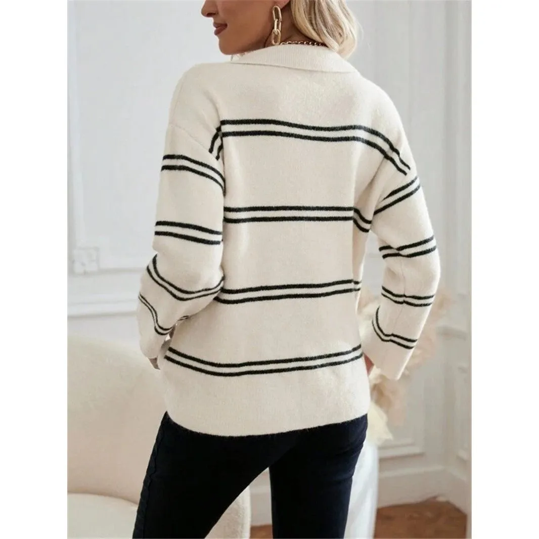 V-neck Striped Pullover Polo Shirt Sweater