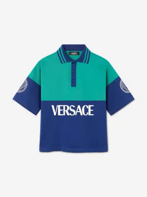 Versace Boys Logo Print Polo Shirt in Blue