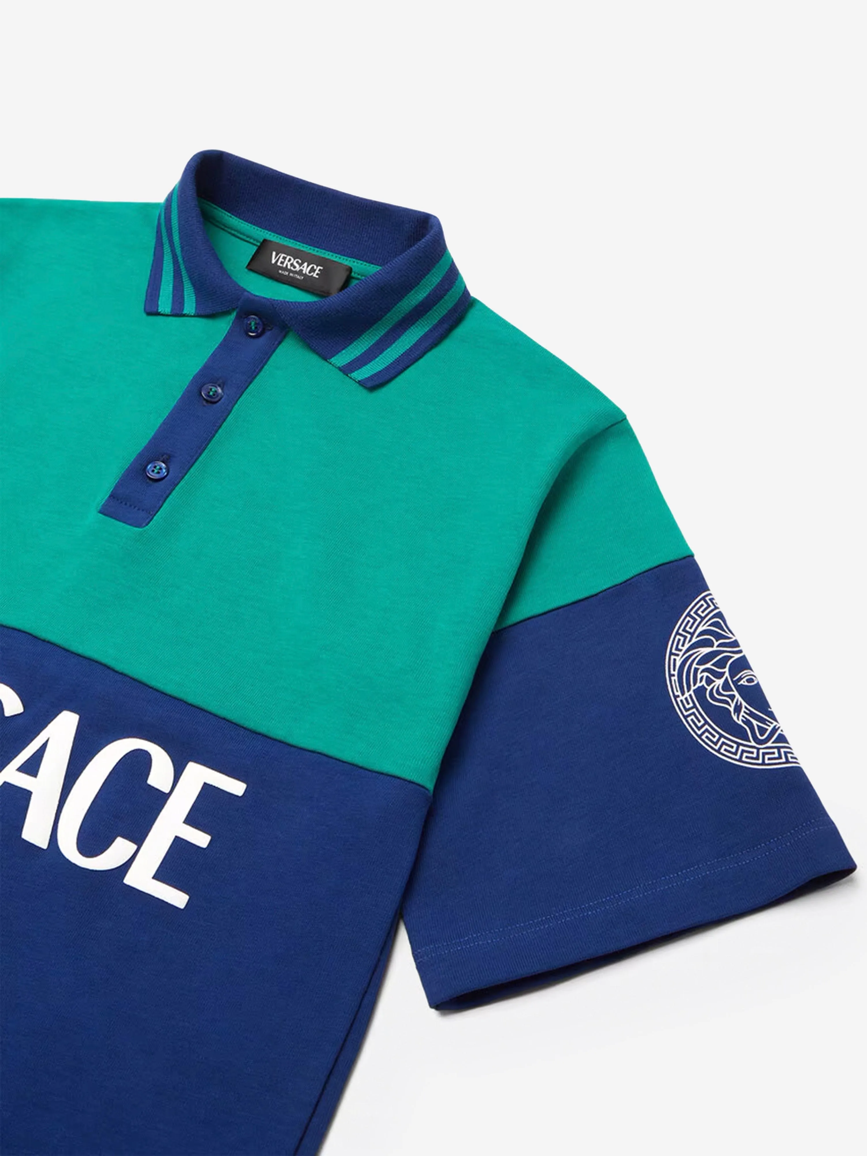 Versace Boys Logo Print Polo Shirt in Blue