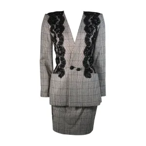 VICKY TIEL Black & White Plaid Skirt Suit with Lace Size 40