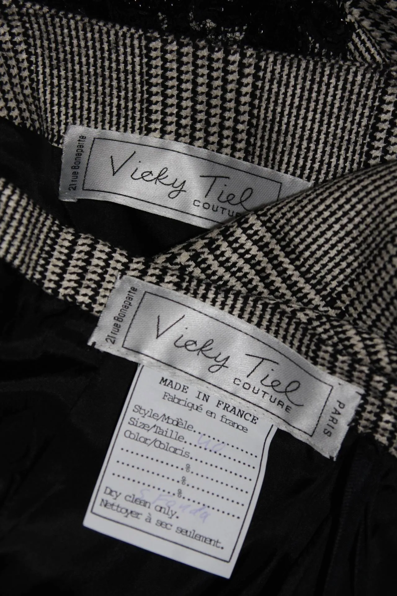VICKY TIEL Black & White Plaid Skirt Suit with Lace Size 40