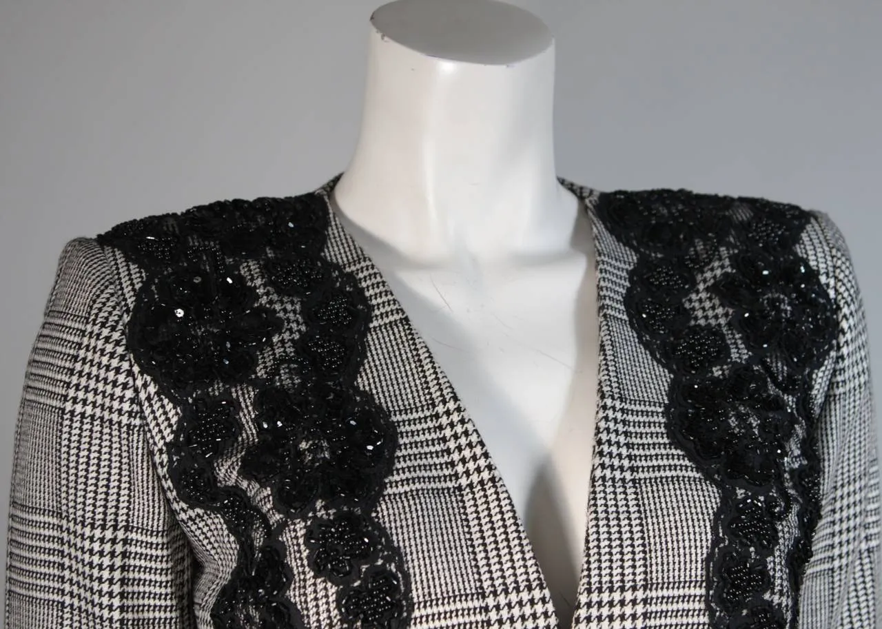 VICKY TIEL Black & White Plaid Skirt Suit with Lace Size 40