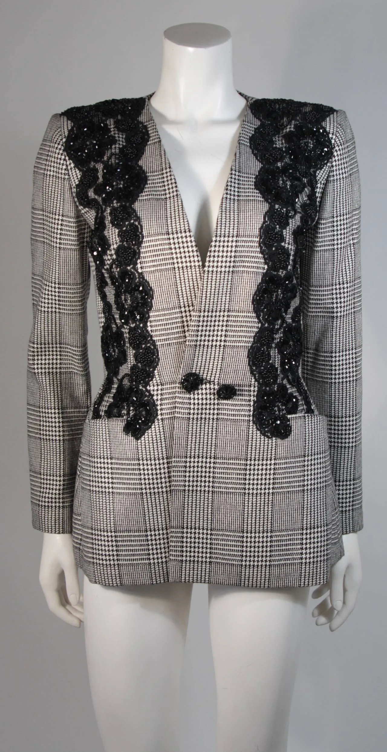 VICKY TIEL Black & White Plaid Skirt Suit with Lace Size 40