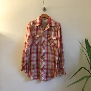 Vintage 1970s 80s Western Fashions Plaid Pearl Snap Oxford Shirt // size Medium