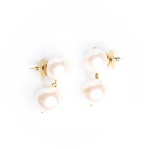 Vintage 1980s Pierced Double Pearl Dangling Statement Earrings