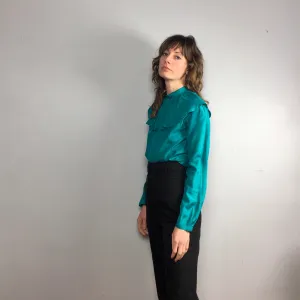 Vintage 80s 90s Emerald Ruffle Mandarin Collar Silk blouse // Size 4