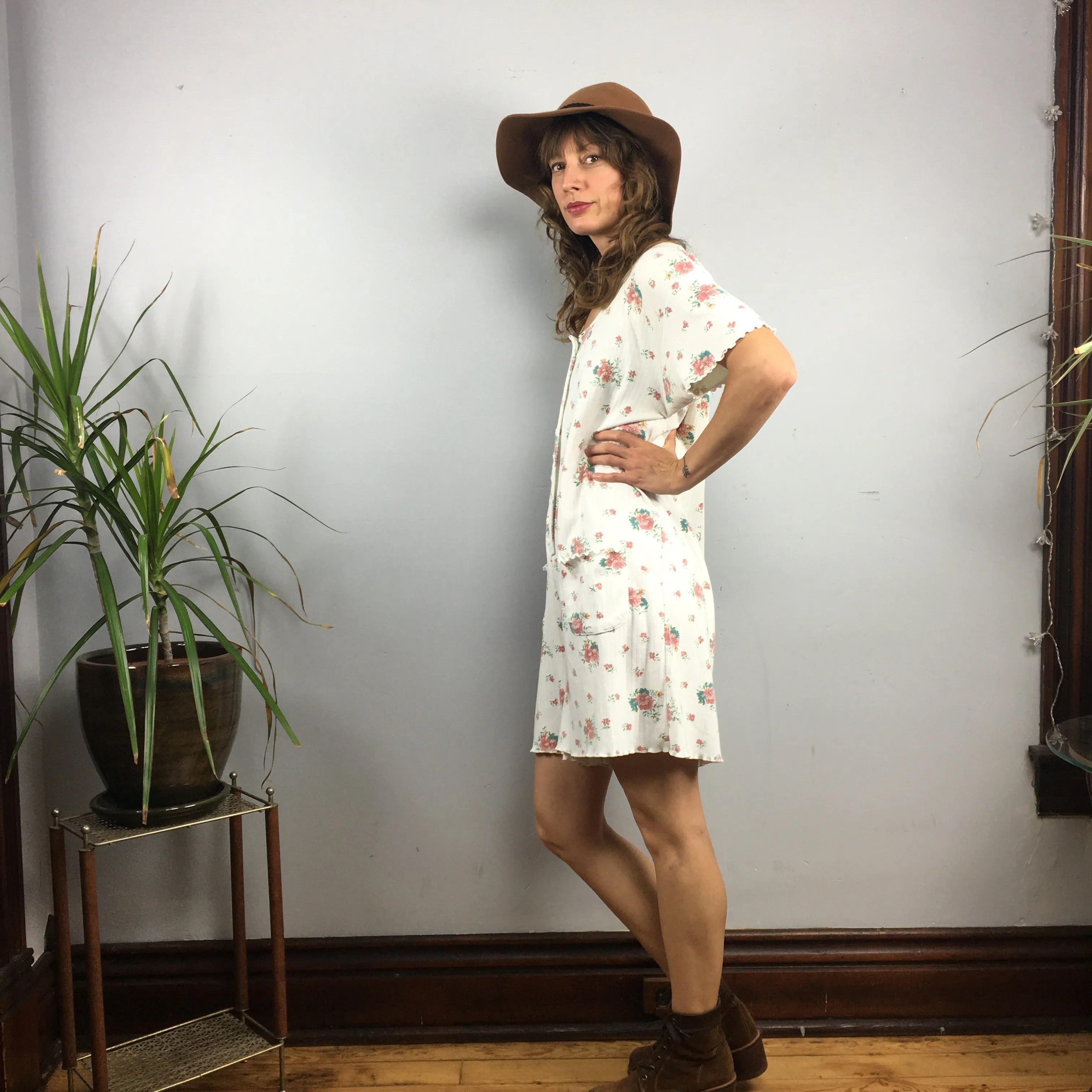 Vintage 90s floral ribbed button front romper
