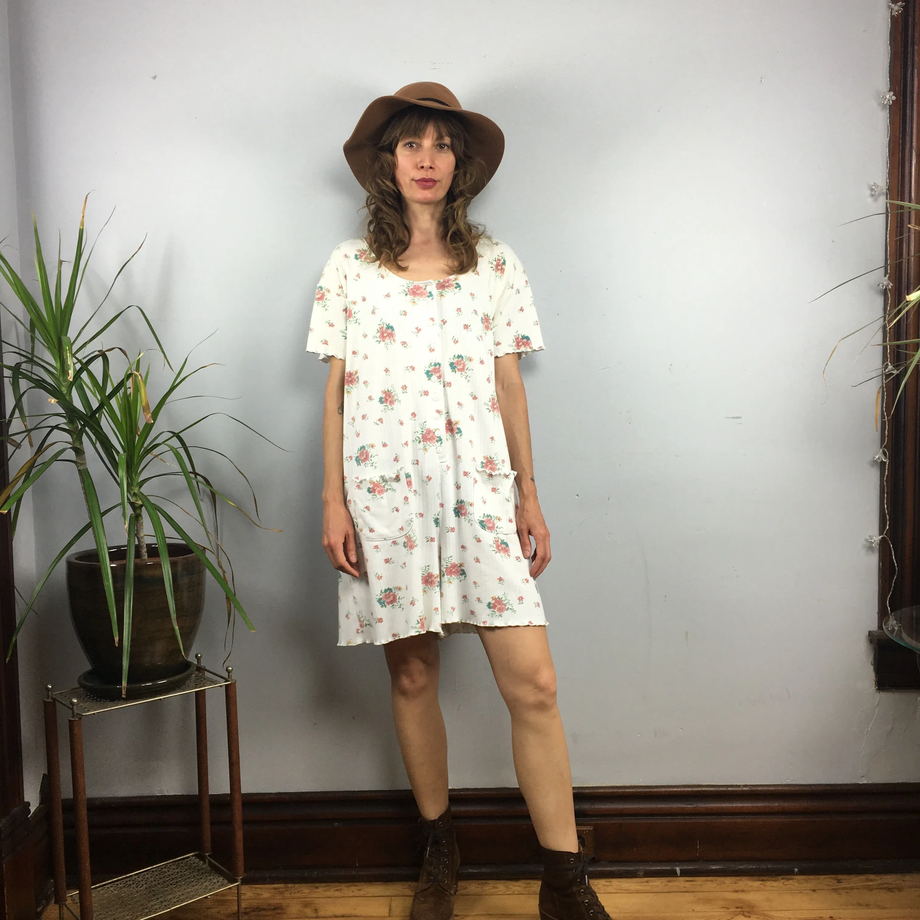 Vintage 90s floral ribbed button front romper