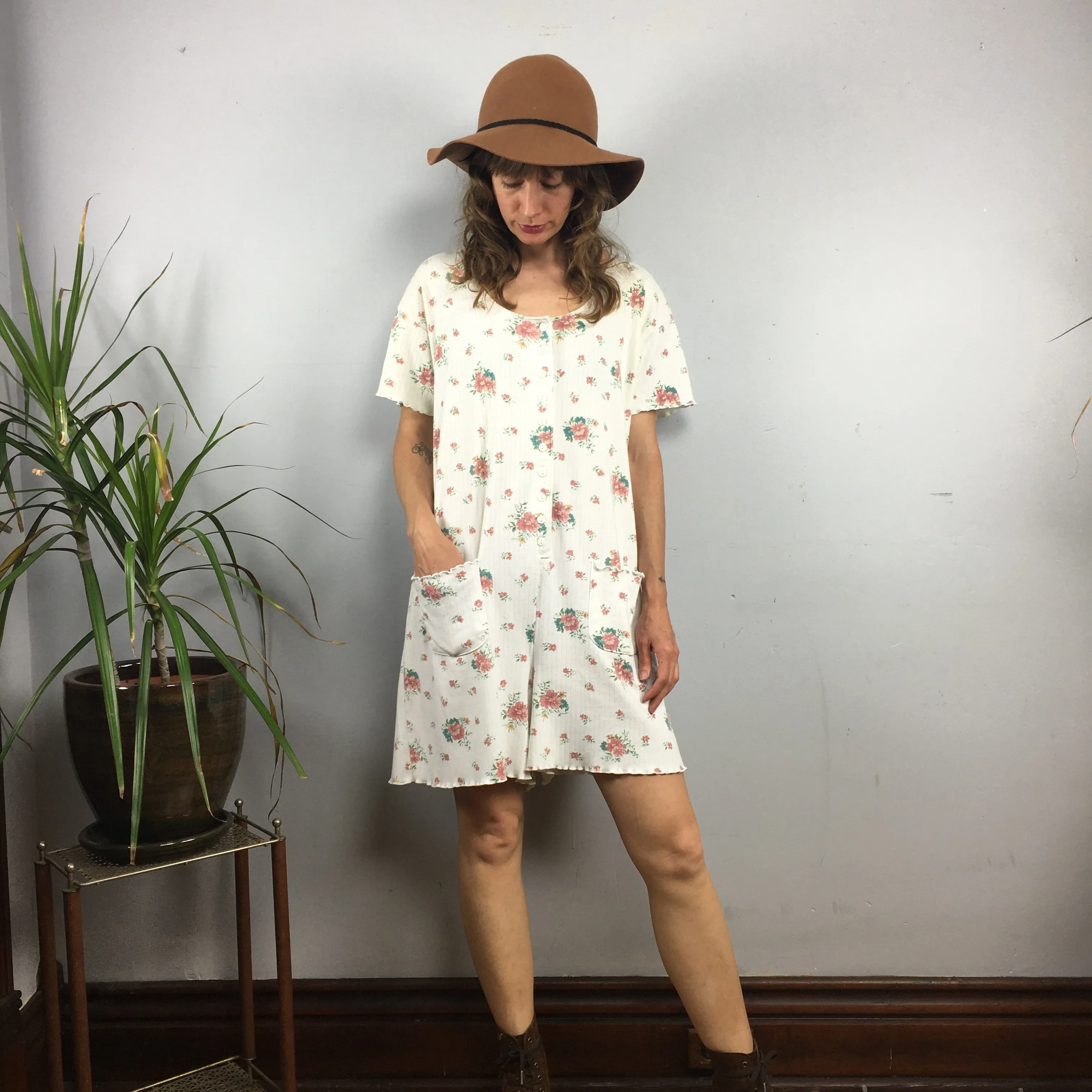 Vintage 90s floral ribbed button front romper