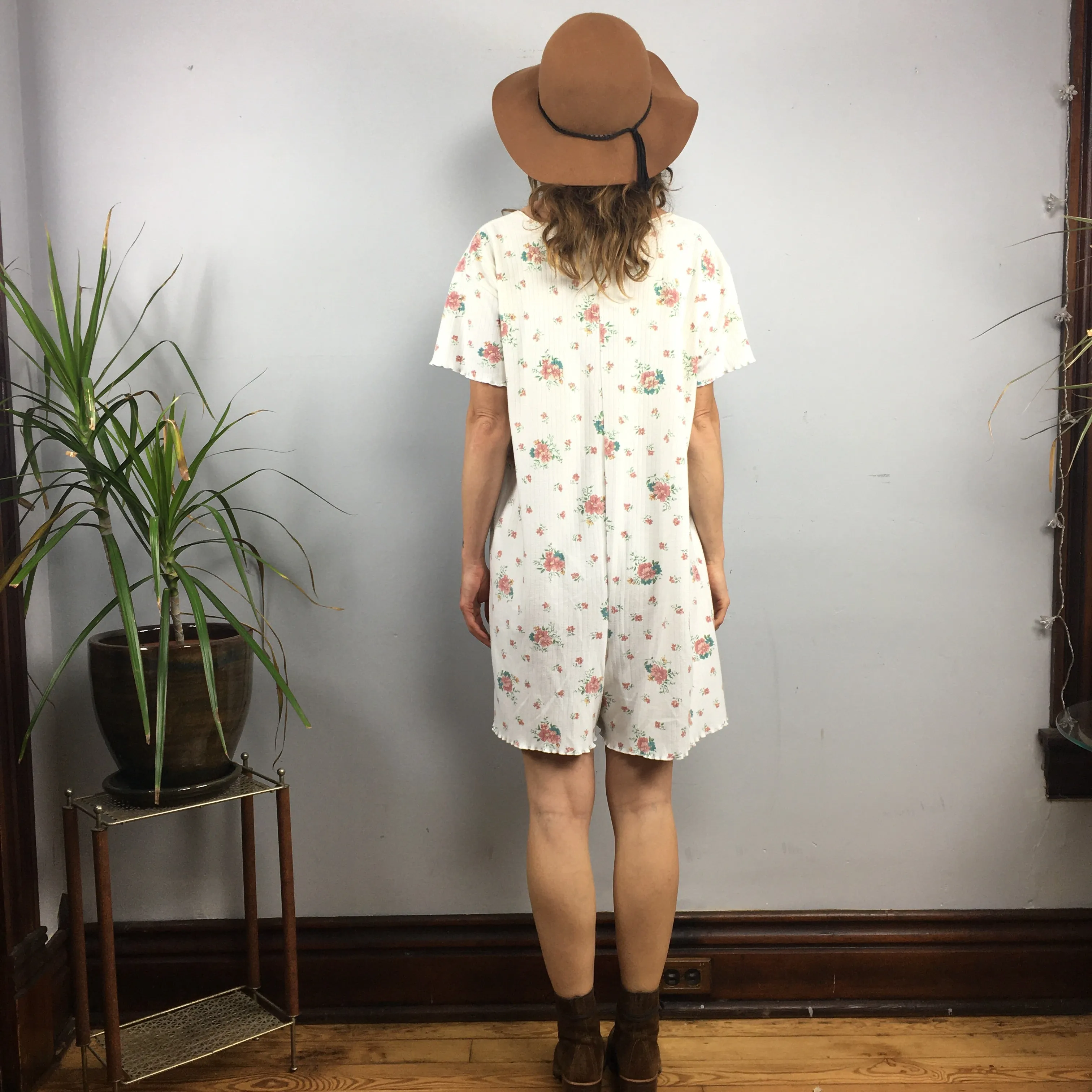 Vintage 90s floral ribbed button front romper