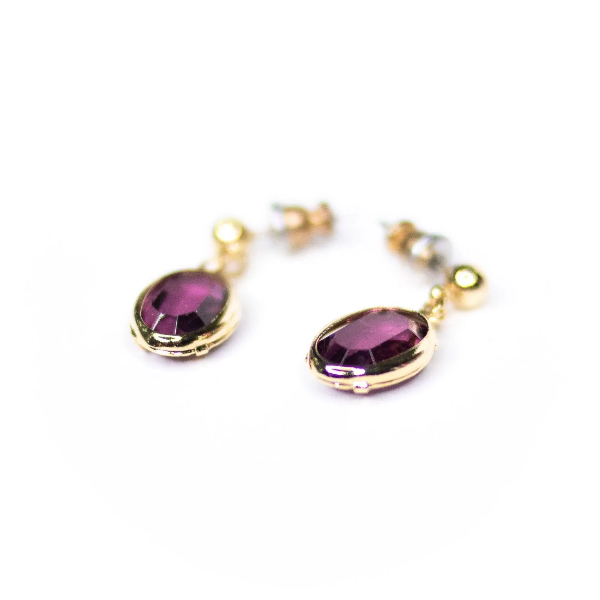 Vintage Amethyst Crystal Oval Bezel Set Crystal Earrings