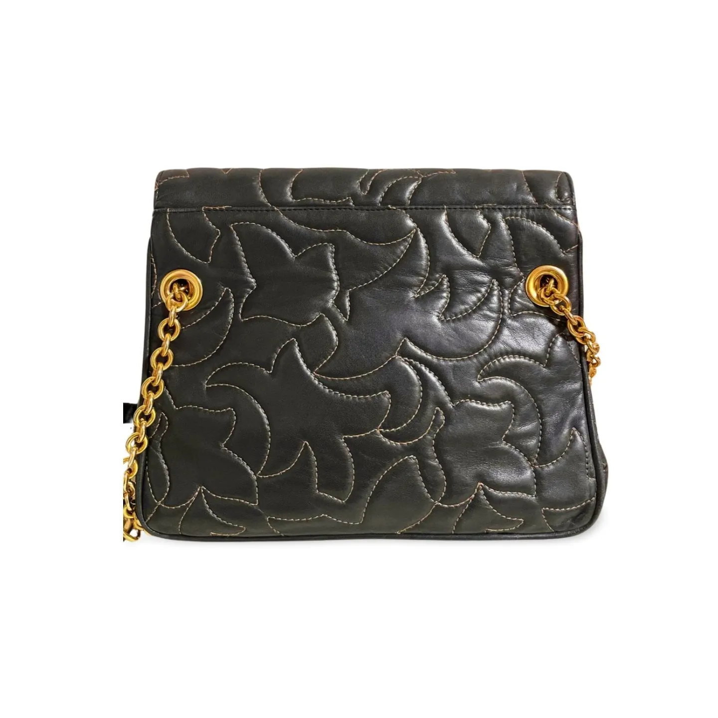 Vintage BALLY black leather shoulder bag with white leaf stitches and chain strap. 060310ya1