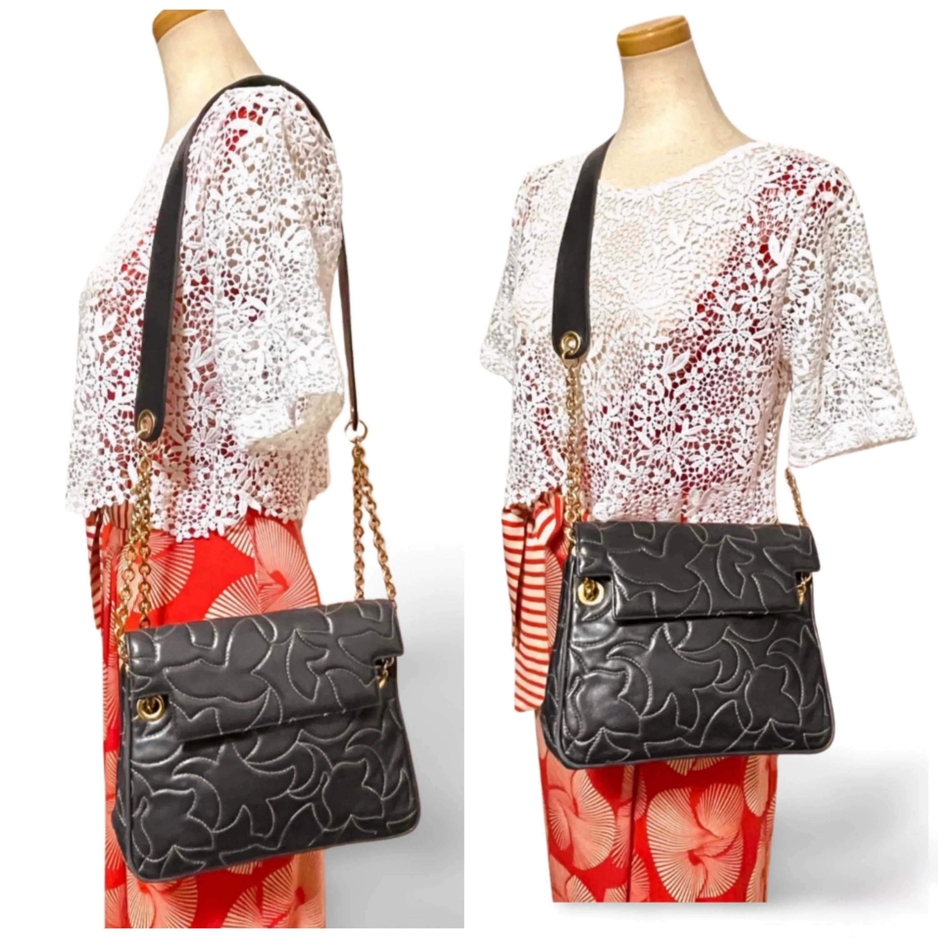 Vintage BALLY black leather shoulder bag with white leaf stitches and chain strap. 060310ya1