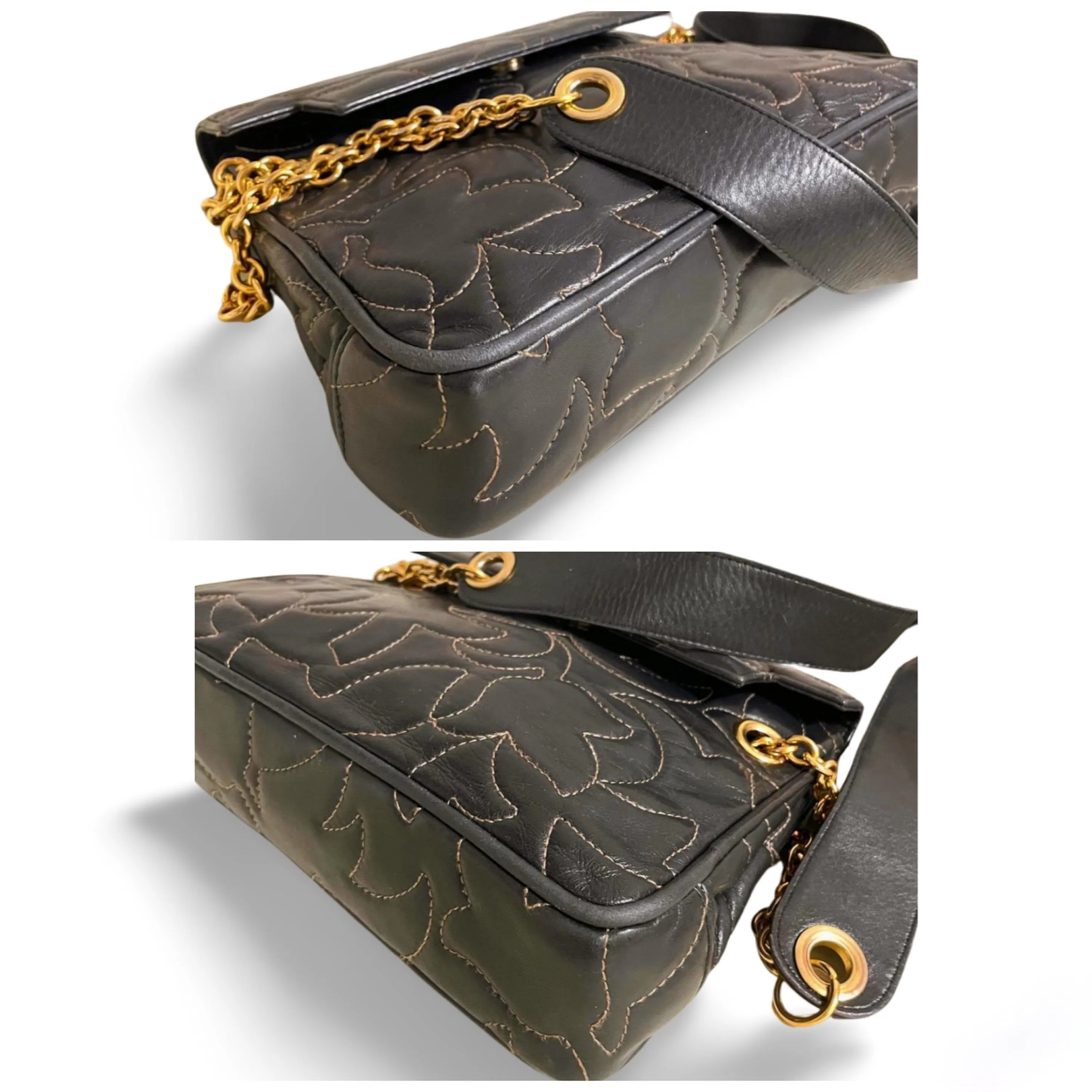 Vintage BALLY black leather shoulder bag with white leaf stitches and chain strap. 060310ya1