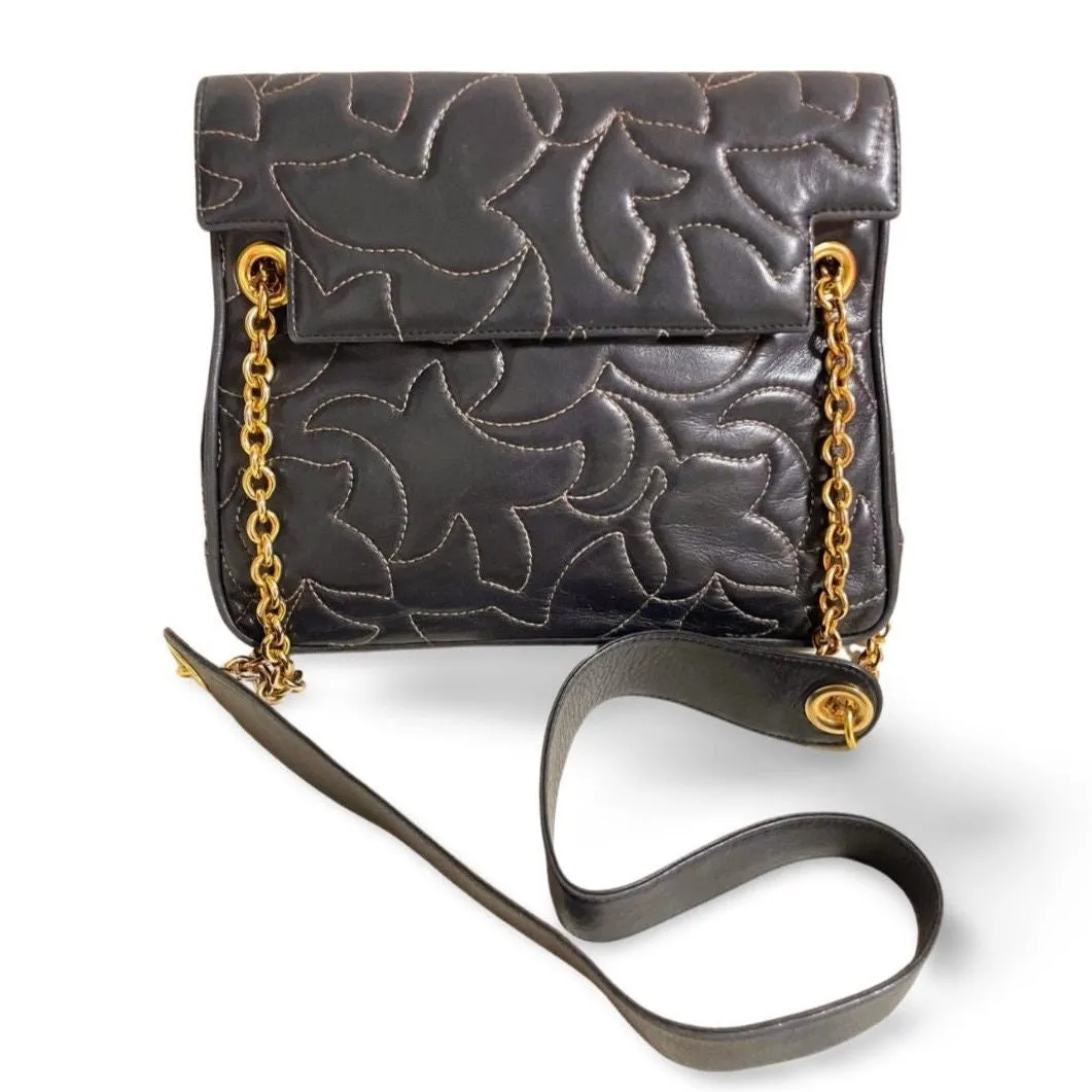 Vintage BALLY black leather shoulder bag with white leaf stitches and chain strap. 060310ya1