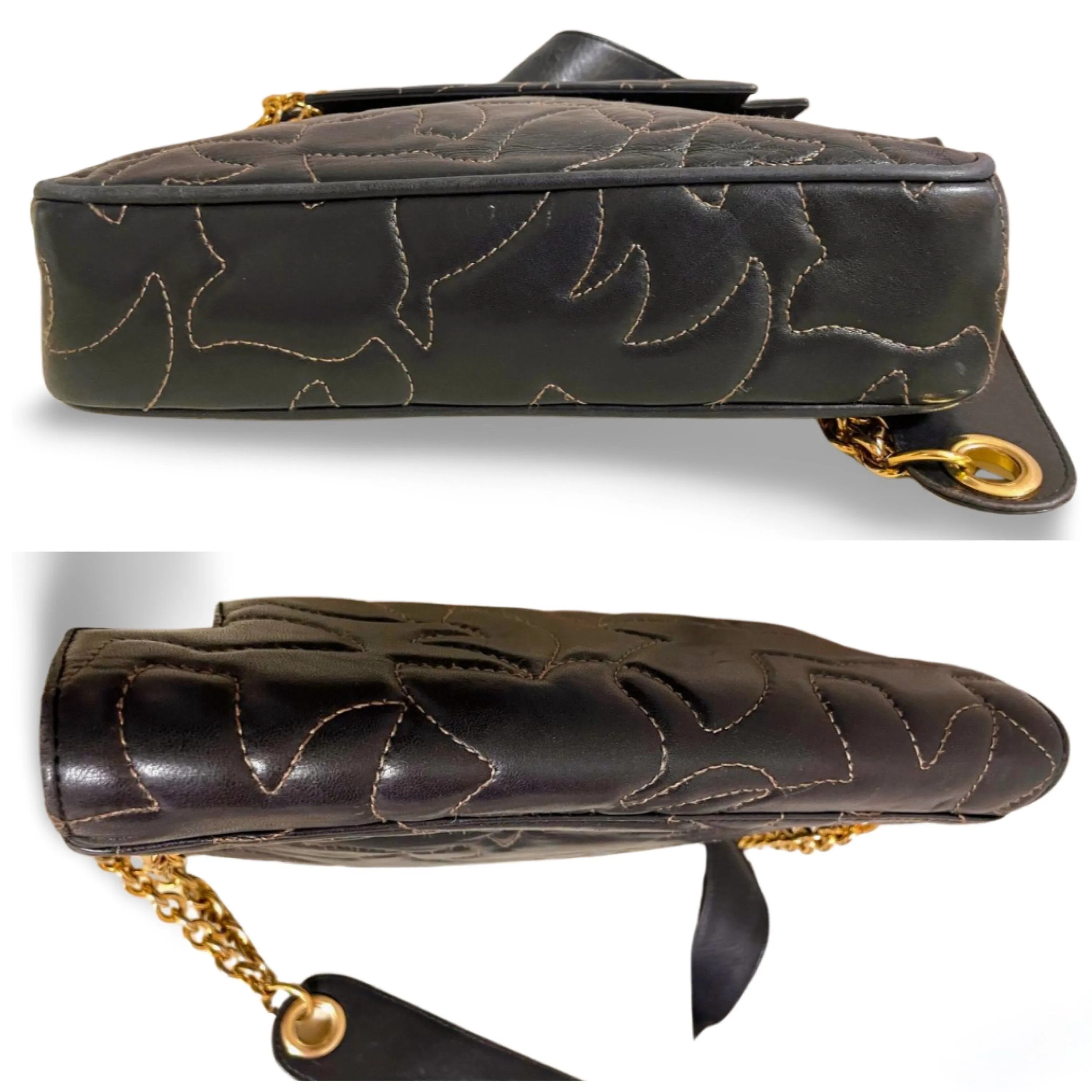 Vintage BALLY black leather shoulder bag with white leaf stitches and chain strap. 060310ya1