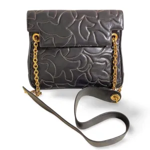 Vintage BALLY black leather shoulder bag with white leaf stitches and chain strap. 060310ya1