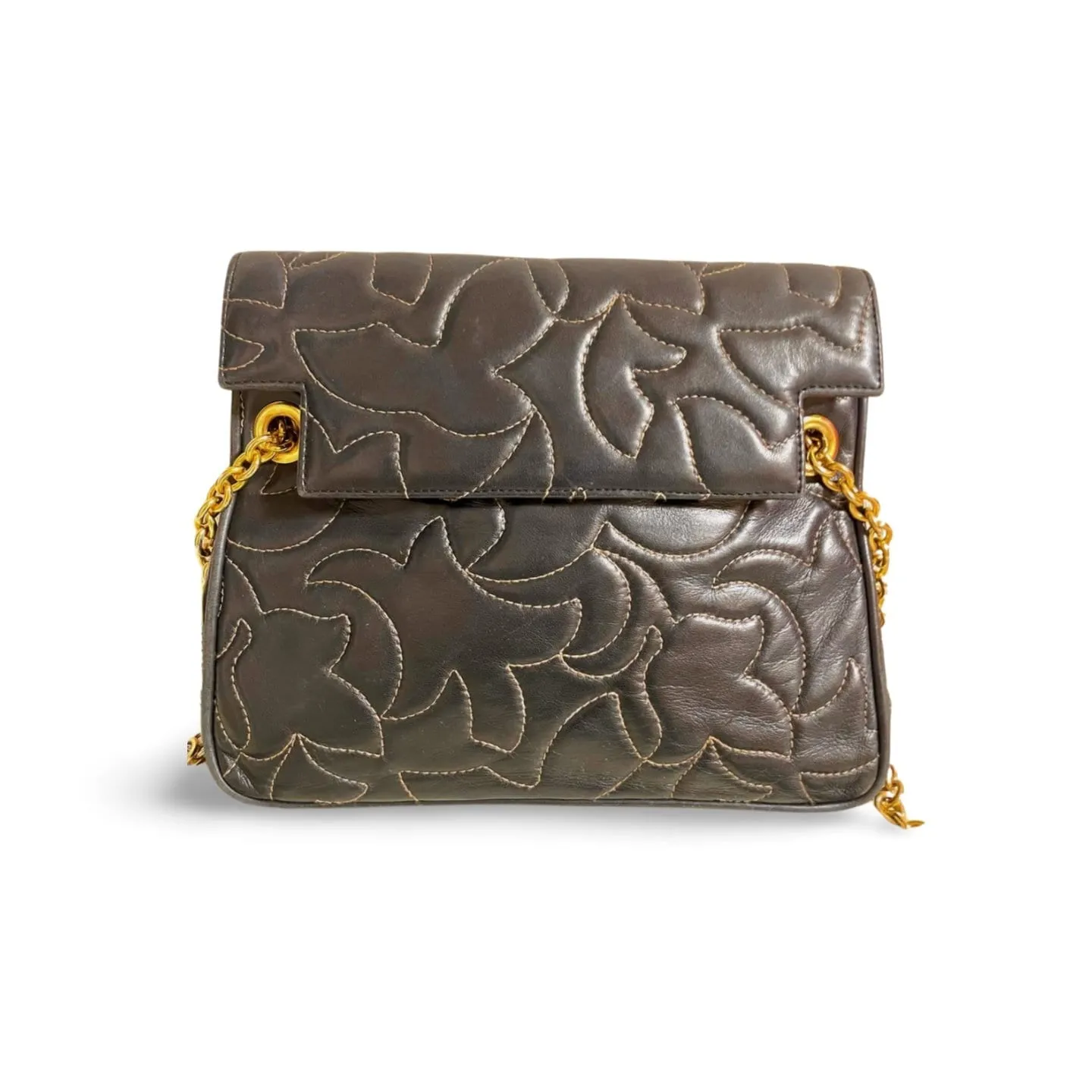 Vintage BALLY black leather shoulder bag with white leaf stitches and chain strap. 060310ya1