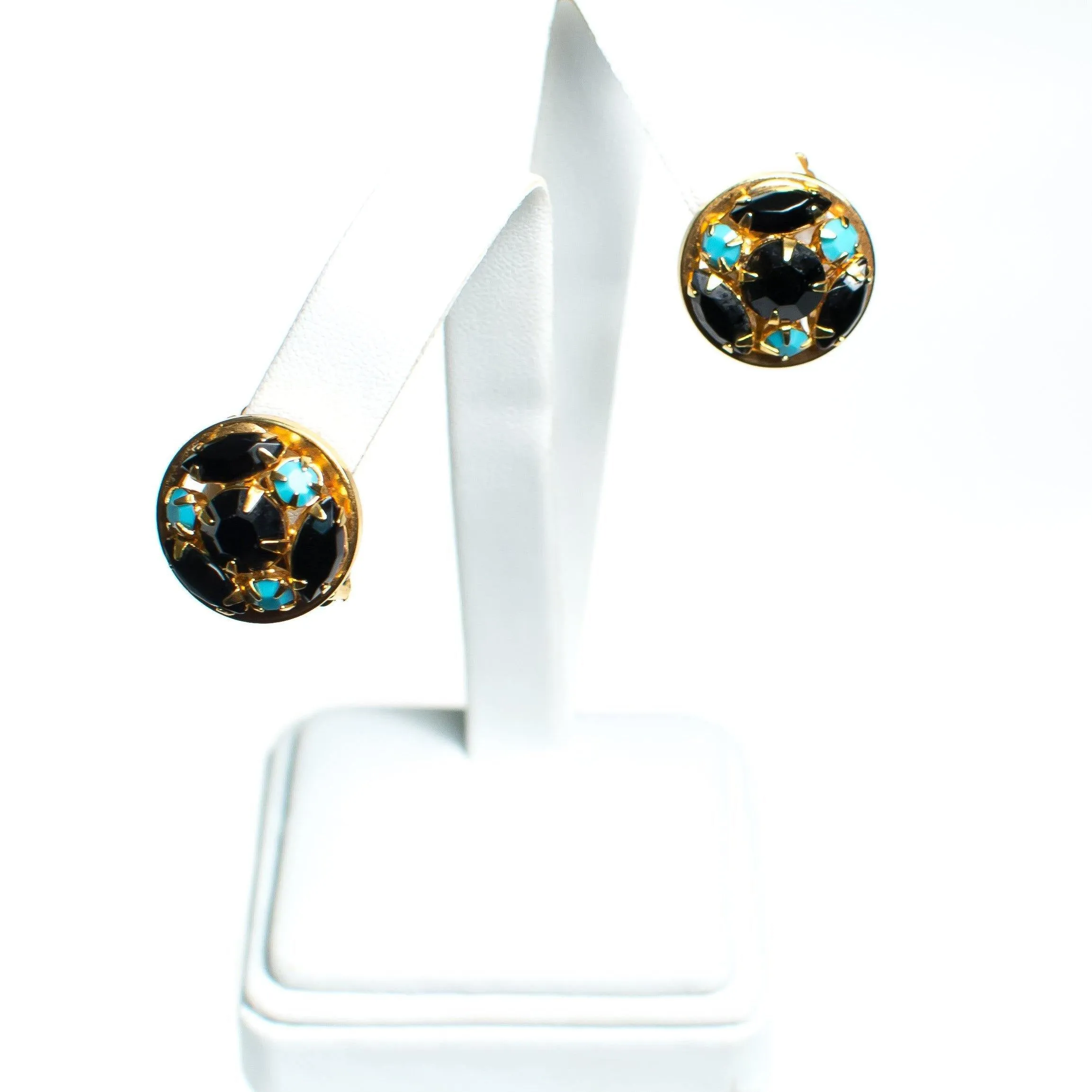 Vintage Blue and Turquoise Rhinestone Earrings, Round, Clip-on