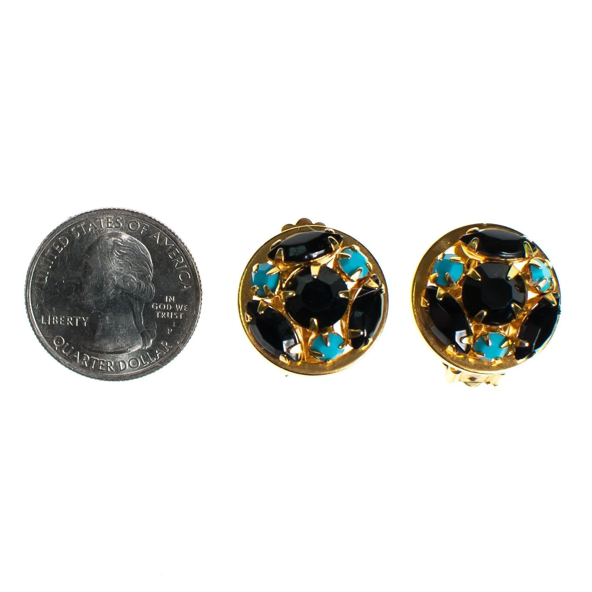 Vintage Blue and Turquoise Rhinestone Earrings, Round, Clip-on