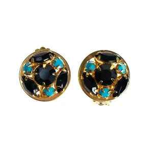 Vintage Blue and Turquoise Rhinestone Earrings, Round, Clip-on