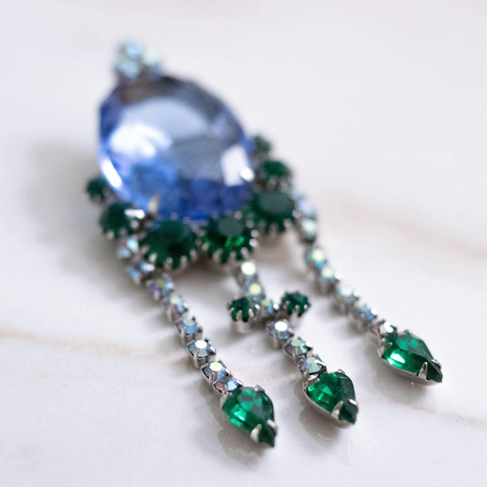 Vintage Blue Crystal Brooch with Diamante and Emerald Green Rhinestone Brooch