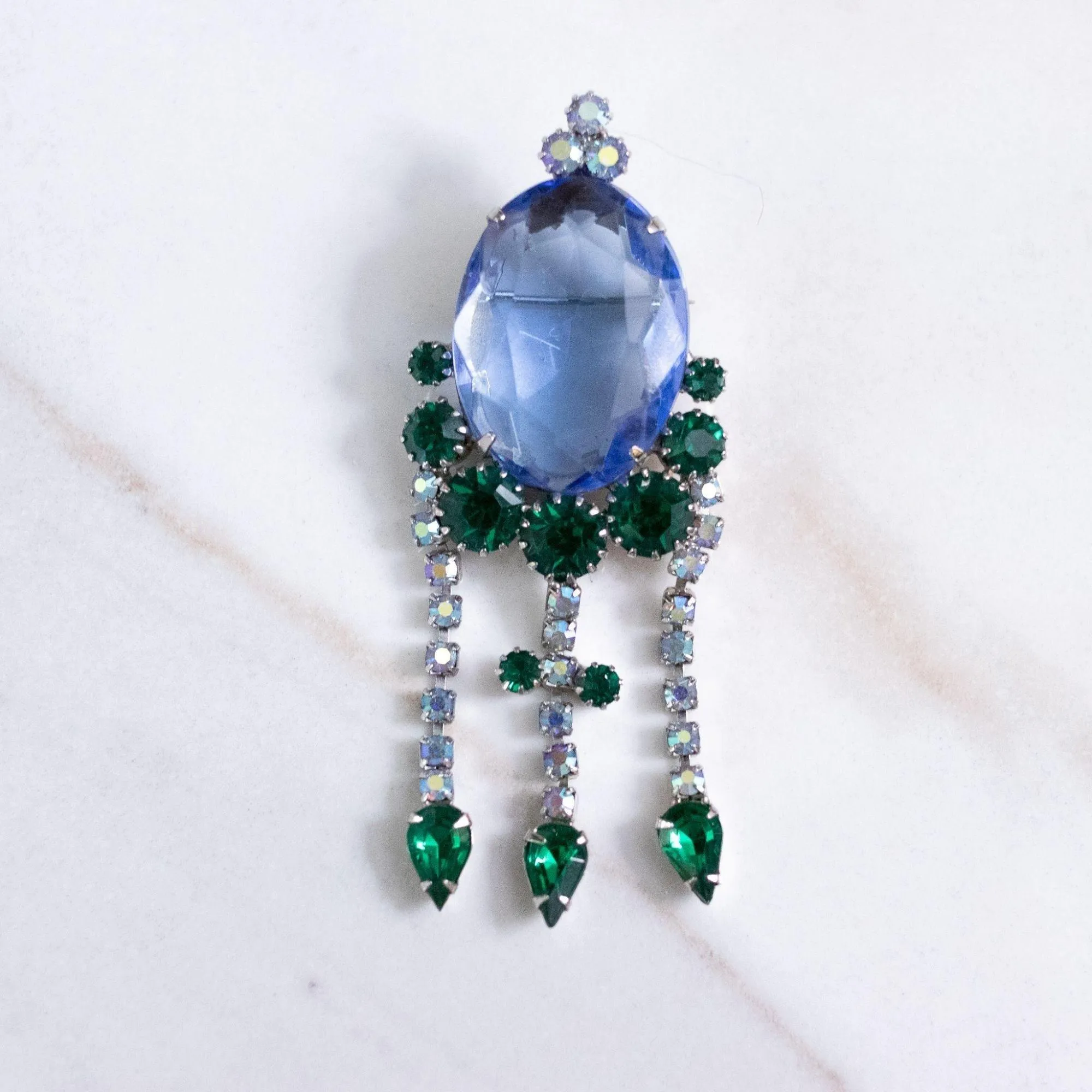 Vintage Blue Crystal Brooch with Diamante and Emerald Green Rhinestone Brooch
