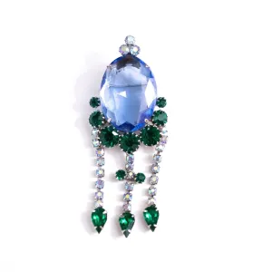 Vintage Blue Crystal Brooch with Diamante and Emerald Green Rhinestone Brooch
