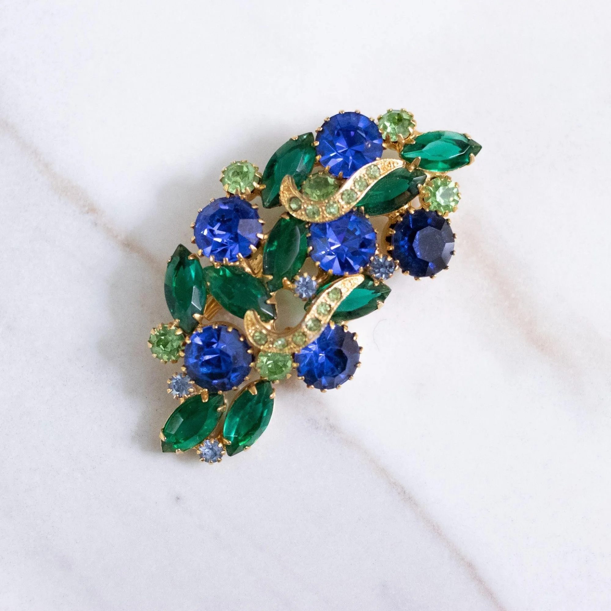 Vintage Bright Blue and Shades of Green Rhinestone Brooch