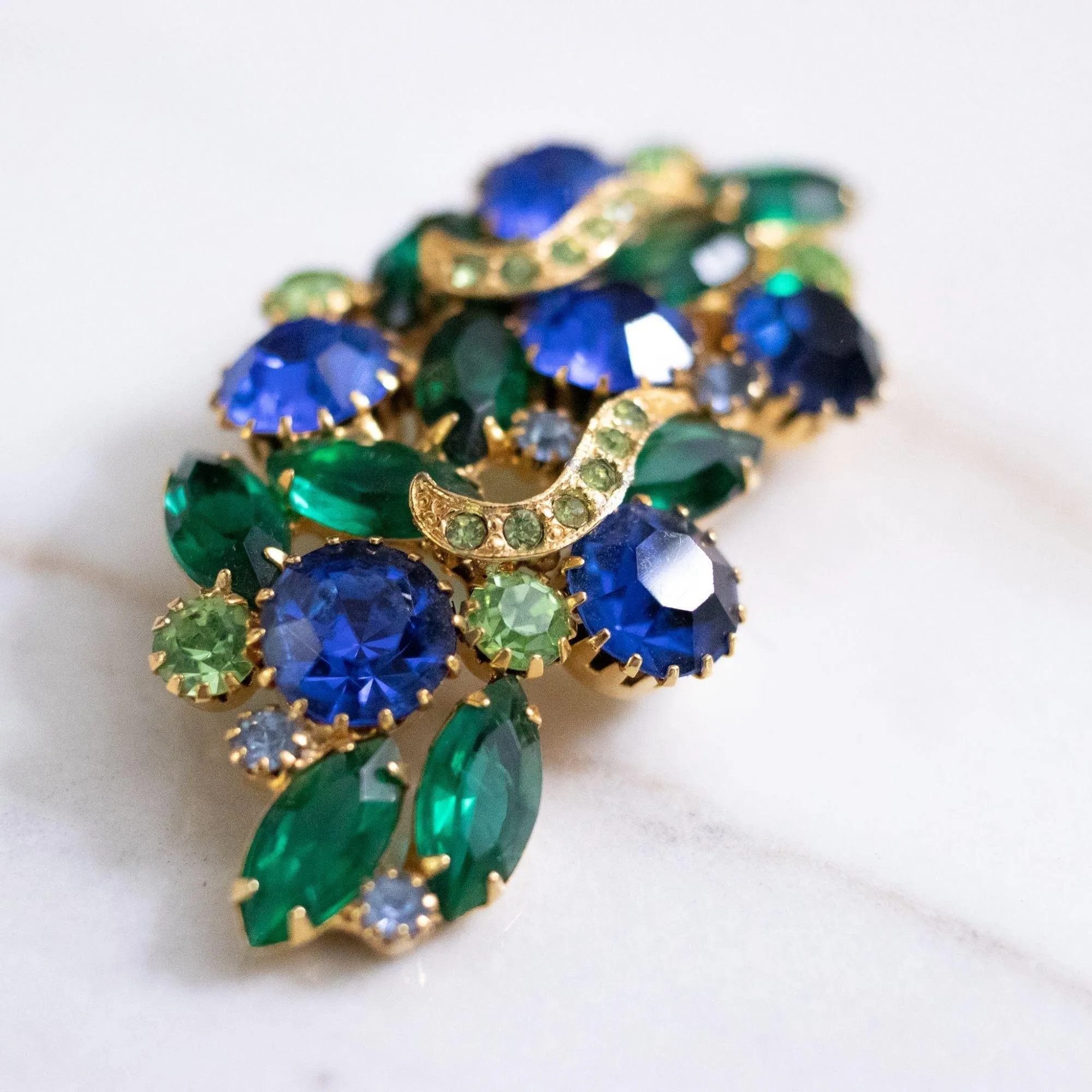 Vintage Bright Blue and Shades of Green Rhinestone Brooch