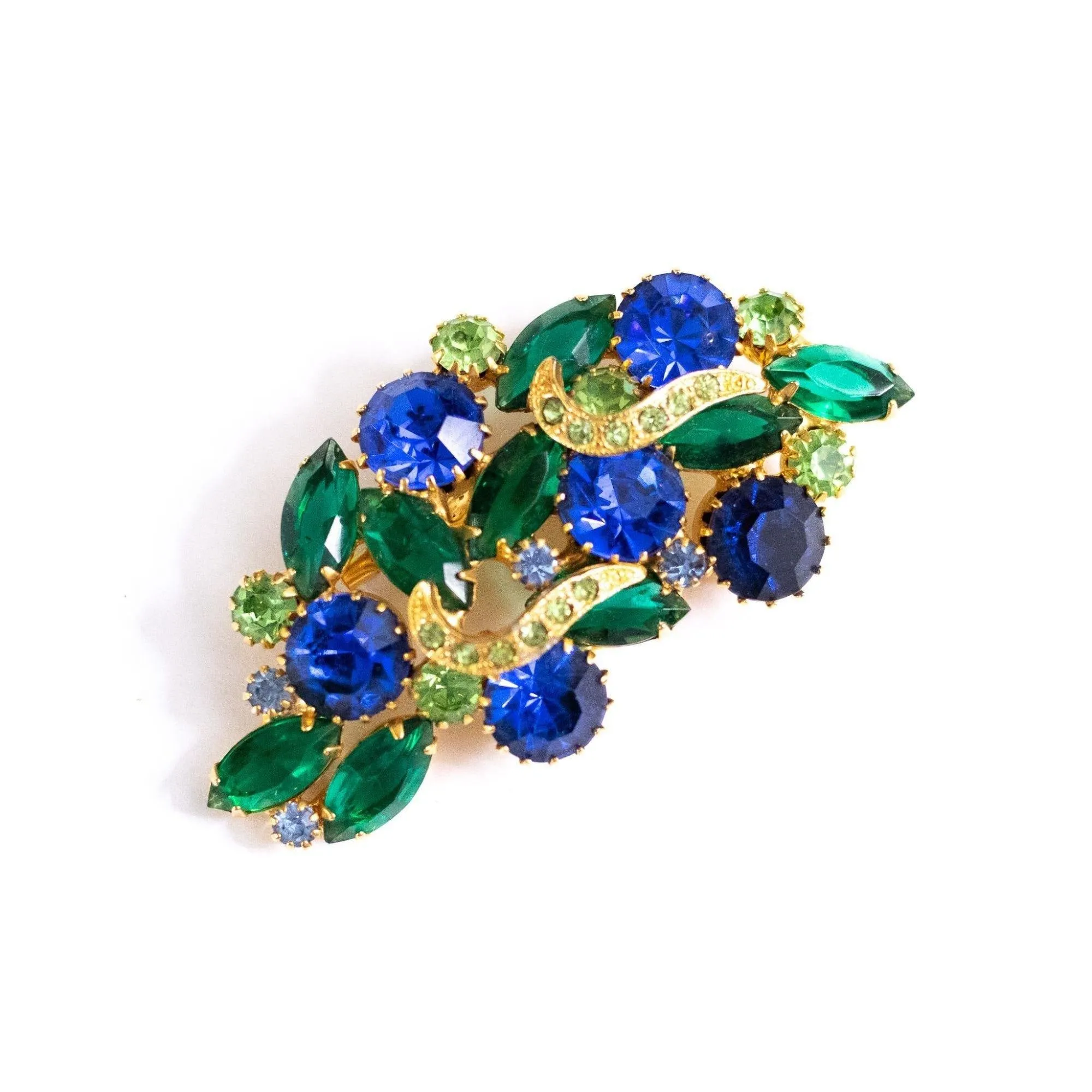 Vintage Bright Blue and Shades of Green Rhinestone Brooch
