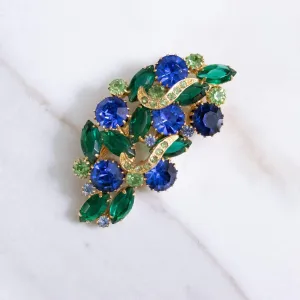 Vintage Bright Blue and Shades of Green Rhinestone Brooch