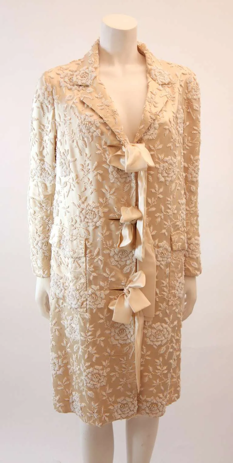 VINTAGE Cream Silk Coat w/ White Floral Beaded Motif & Ribbon Tie
